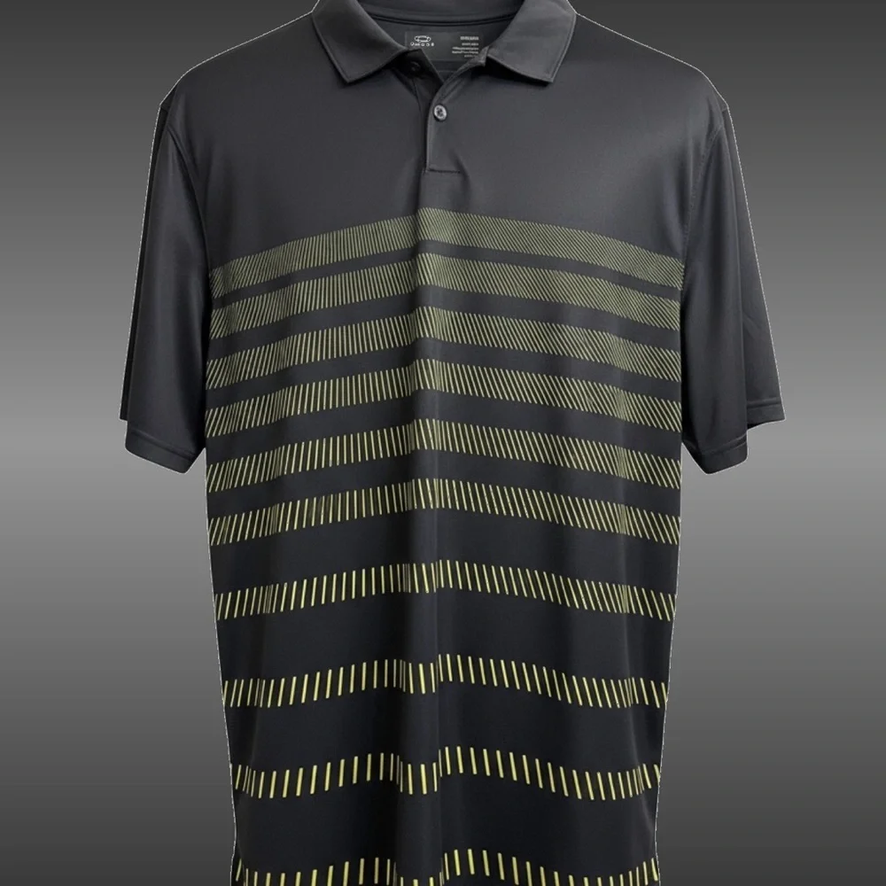 Oakley Golf Polo Mens XL Black Yellow Stripe Performance Athletic Shirt